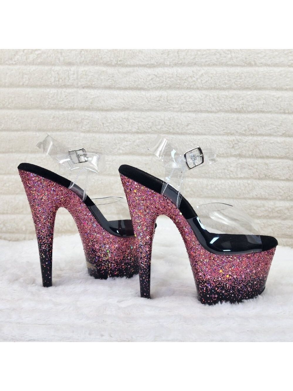 Adore 708SS Pink Hologram Glitter Ombre Platform Ankle Strap Platform 7" Heels - Picture 10 of 12